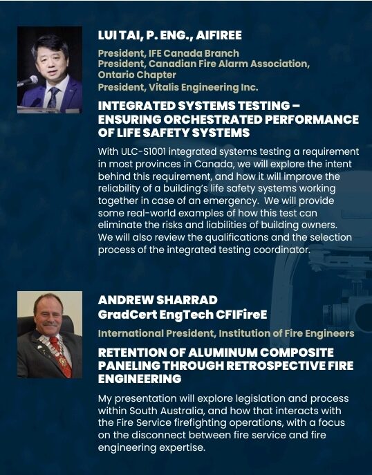 Bios on two of the speakers, Lui Tai and Andrew Sharrad, speaking about fire engineering
